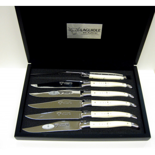 Laguiole en Aubrac - Estuche de 6 cuchillos hechos con hueso de ciervo