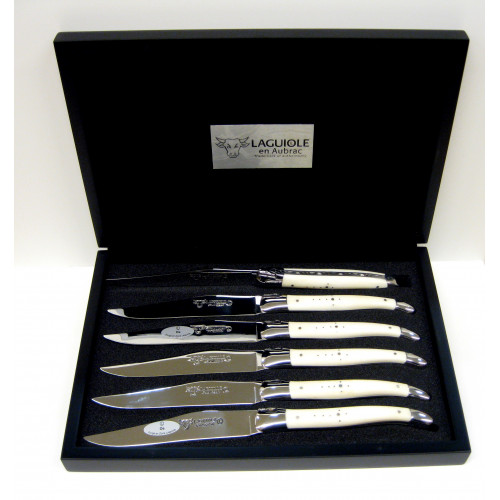 Laguiole en Aubrac - Estuche de 6 cuchillos hechos con hueso de ciervo